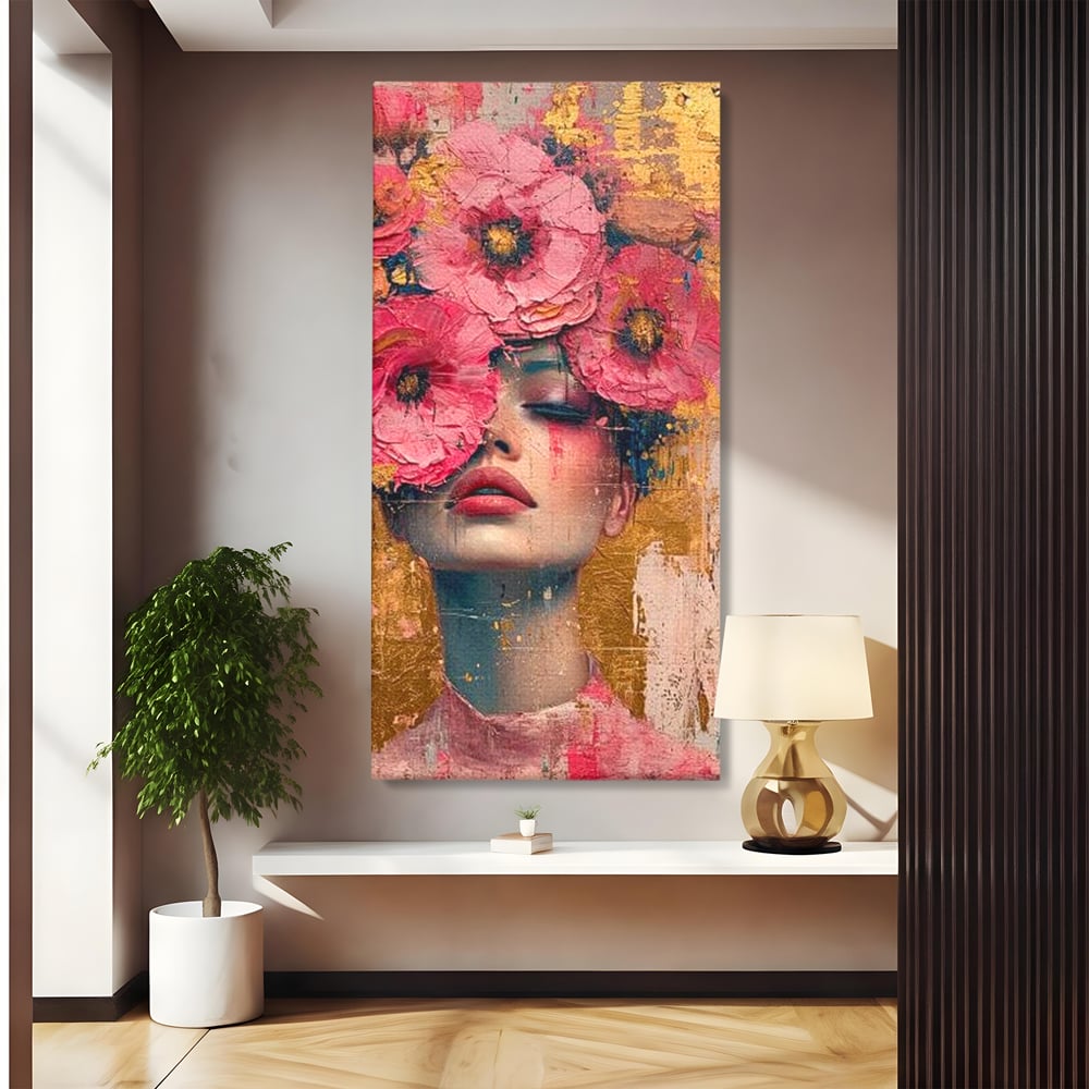 Tablou canvas cu tablou canvas cu portret de femeie si flori roz, fara rama, pe sasiu de lemn